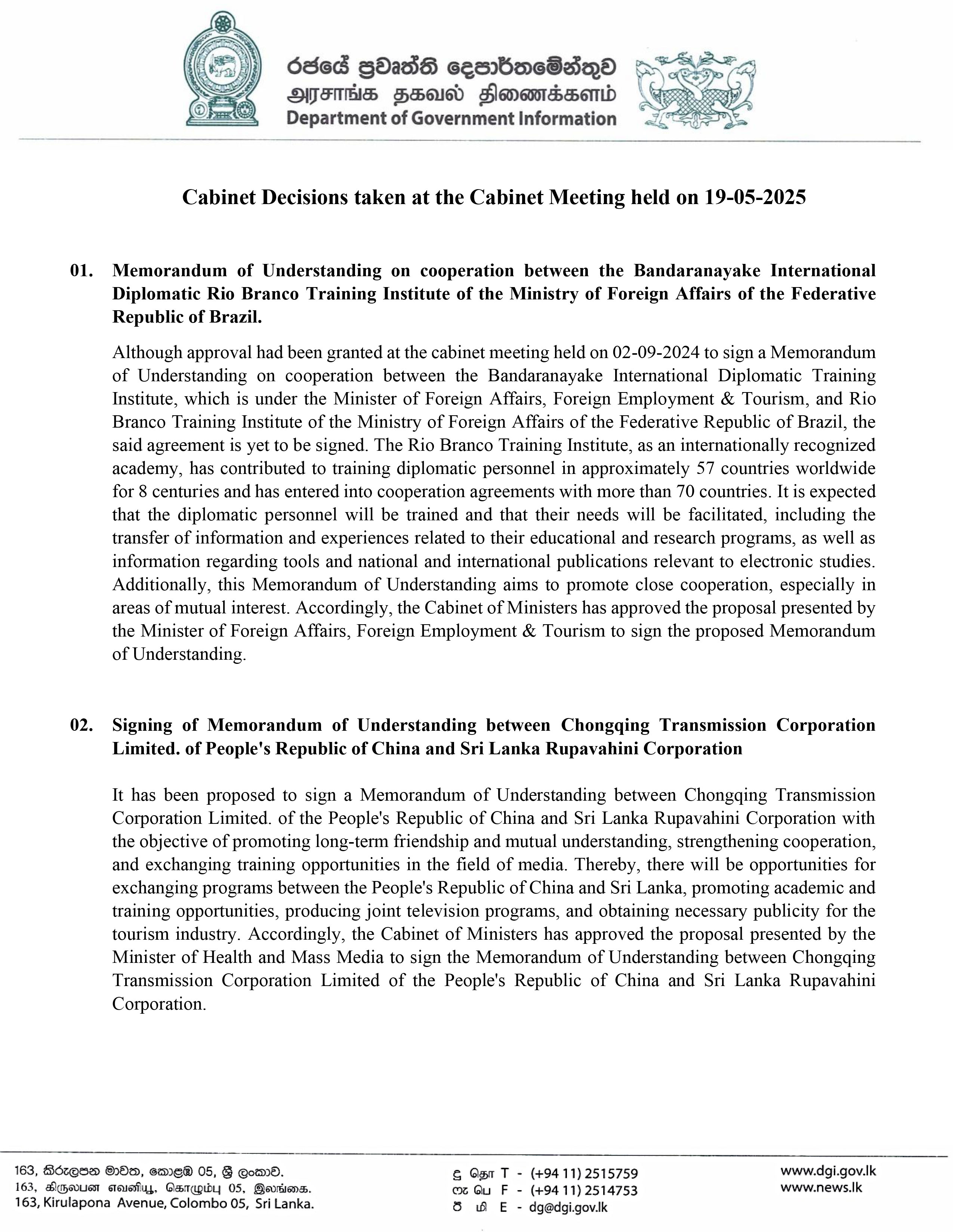 Cabinet Decisions on 19
